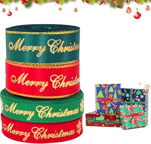 Schleifenband Weihnachten, 4 Rollen 5M Geschenkbänder Weihnachten, Weihnachtsbänder Rot Grün 16mm/9mm Breite Geschenkband Weihnachten für Geschenk Weihnachtsbaum Dekoration von Ourdort