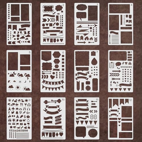 12 Stück Bullet Journal Schablonen Tagebuch Stencils Set, Stencil Zeichenschablonen Schablonen Set Wiederverwendbare Schablonen für Scrapbooking DIY Geschenkkarten Scrapbook von OusSee