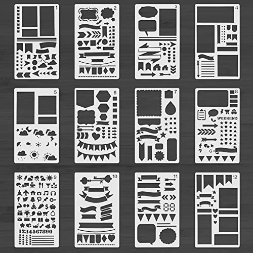 12 Stück Bullet Journal Schablonen Tagebuch Stencils Set, Wiederverwendbares Malerei Vorlage Bemalen Zubehör für Scrapbooking Kinder DIY Geschenkkarten Scrapbook von OusSee