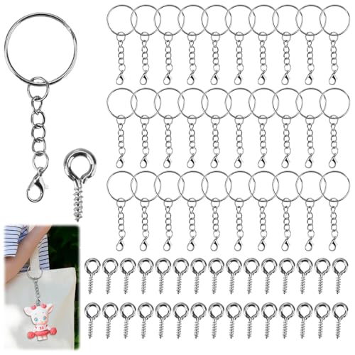 60 Stück Schlüsselring mit Kette, Schlüsselanhänger Basteln Set Karabinerverschluss 25mm Schlüsselringe für Schlüssel Handwerk DIY (30 Schlüsselanhänger Ringe Kette +30 Schrauböse Pins) von OusSee