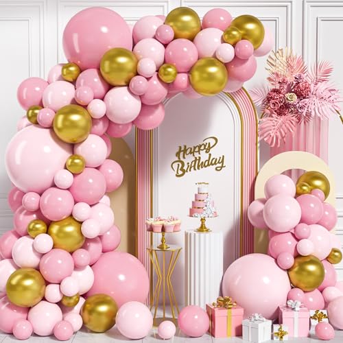 Rosa Luftballon Bogen Girlande Kit, 104 Stück Pastell Macaron Rosa Metallic Gold Ballons für Mädchen und Frauen Geburtstag Babyparty, Hochzeiten Brautparty Jahrestag Verlobung, Party Dekoration von Ousuga