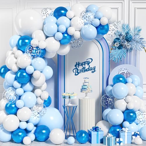 Blau Luftballon Bogen Girlande Kit, 107 Stück Pastell Metallic Blau Weiß Ballons mit Silbernen Konfetti Ballons für Jungen Geburtstag Babyparty Hochzeite Abschlussball Party Dekoration von Ousuga