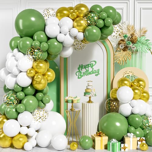 Grün Luftballon Bogen Girlande Kit, 113 Stück Salbei Grün Matt Weiß Metallic Gold Konfetti Ballons für Jungen und Mädchen Geburtstag Babyparty Hochzeiten Jahrestag Abschlussball Party Dekoration von Ousuga