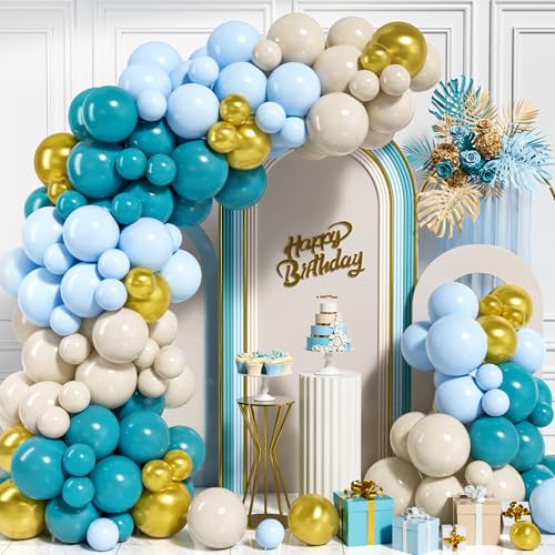 Blau Gold Luftballon Bogen Girlande Kit, 115 Stück Pastell Baby Blau Sand Weiß Metallic Gold Ballons für Jungen und Mädchen Geburtstag Babyparty Hochzeiten Jahrestag Abschlussball Party Dekoration von Ousuga