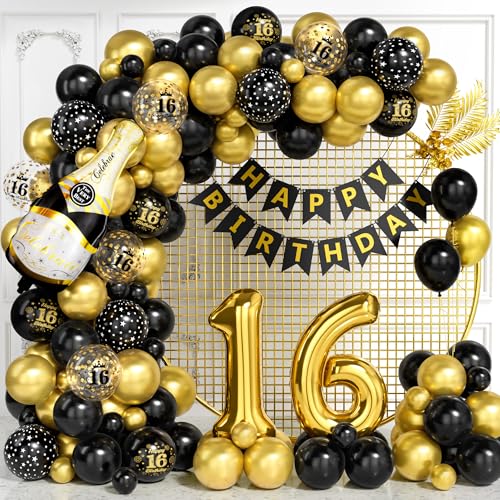 16 Geburtstag Deko für Jungen Mädchen, Schwarz Gold Luftballon Bogen Kit mit Nummer 16 Ballons Konfetti Ballons Happy Birthday Banner, Schwarz Gold Party Deko für 16 jährige Männer Frauen Jubiläum von Ousuga