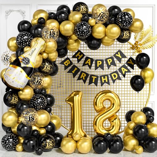 18 Geburtstag Deko für Jungen Mädchen, Schwarz Gold Luftballon Bogen Kit mit Nummer 18 Ballons Konfetti Ballons Happy Birthday Banner, Schwarz Gold Party Deko für 18 jährige Männer Frauen Jubiläum von Ousuga