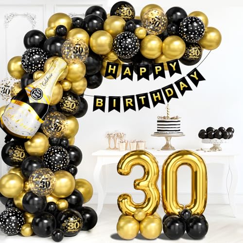 30 Geburtstag Deko für Männer, Schwarz Gold Luftballon Bogen Kit mit Nummer 30 Folie Ballons Konfetti Ballons Happy Birthday Banner, Schwarz Gold Party Deko für 30 Jährige Frauen Jubiläum von Ousuga