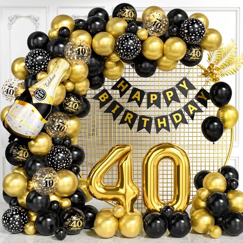 40 Geburtstag Deko für Männer, Schwarz Gold Luftballon Bogen Kit mit Nummer 40 Folie Ballons Konfetti Ballons Happy Birthday Banner, Schwarz Gold Party Deko für 40 Jährige Frauen Jubiläum von Ousuga