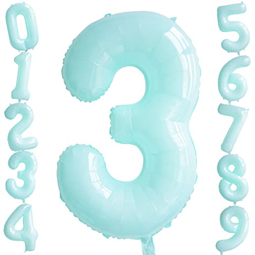 40 Zoll Macaron Blaue Zahl 3 Ballon Pastell Blaue Ziffer Ballon 0-9 Große Selbstaufblasende Folie Zahl Ballons für Geburtstag Party Baby Dusche Ozean Thema Party Jahrestag Party Dekorationen von Ousuga