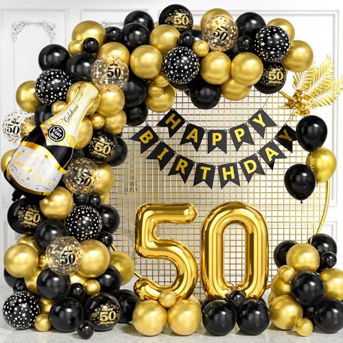 50 Geburtstag Deko für Männer, Schwarz Gold Luftballon Bogen Kit mit Nummer 50 Folie Ballons Konfetti Ballons Happy Birthday Banner, Schwarz Gold Party Deko für 50 Jährige Frauen Jubiläum von Ousuga