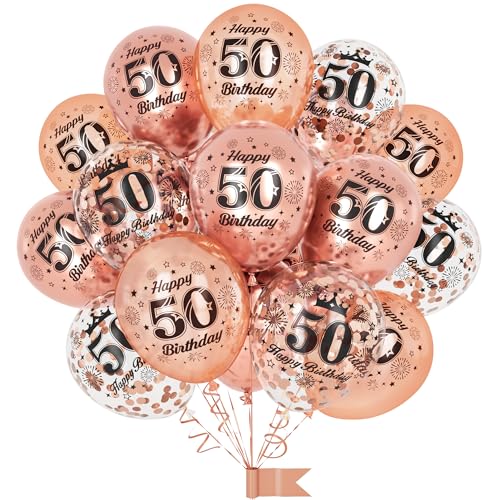 50. Geburtstag Luftballons,15 Pcs Rosegold Party Dekorationen mit Happy Birthday Latex Konfetti Ballons für Frauen 50. Geburtstag Dekor Jubiläum Alter Ballons von Ousuga