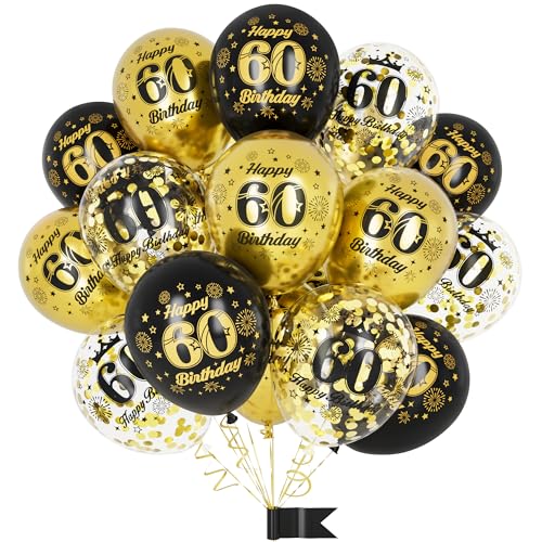 60. Geburtstag Luftballons,15 Pcs Schwarz Gold Party Dekorationen mit Happy Birthday Latex Konfetti Ballons für Männer Frauen 60. Geburtstag Dekor Jubiläum Alter Ballons von Ousuga