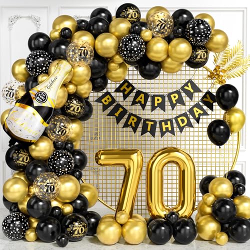 70 Geburtstag Deko für Männer, Schwarz Gold Luftballon Bogen Kit mit Nummer 70 Folie Ballons Konfetti Ballons Happy Birthday Banner, Schwarz Gold Party Deko für 70 Jährige Frauen Jubiläum von Ousuga