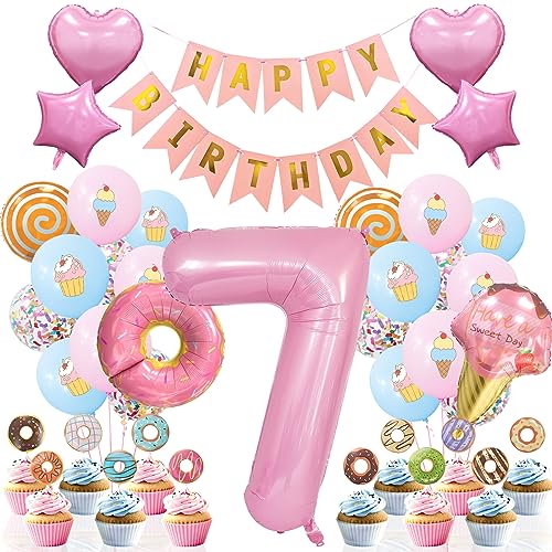Deko 7. Geburtstag Mädchen, Pastell Luftballons Geburtstags Deko 7 Jahre Mädchen Rosa Blau Luftballons mit Eis und Kuchen Muster Rosa Zahl 7 Ballon, Donut Folienballon für 7. Baby Mädchen Geburtstag von Ousuga