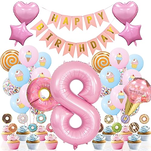 Deko 8. Geburtstag Mädchen, Pastell Luftballons Geburtstags Deko 8 Jahre Mädchen Rosa Blau Luftballons mit Eis und Kuchen Muster Rosa Zahl 8 Ballon, Donut Folienballon für 8. Baby Mädchen Geburtstag von Ousuga