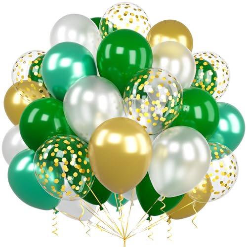 Luftballon Grün Gold, Ousuga 60 Stück 12 Zoll Dunkel Grüne Weiß Luftballons Metallic Chrom Grün Gold Konfetti Latex Ballons für Mädchen Frauen Geburtstag Hochzeit Babyparty Dschungel Safari Dekoration von Ousuga