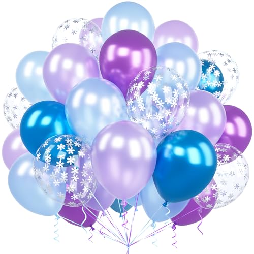 Luftballons Blau Lila, Ousuga 60 Stück 12 Zoll Frozen Metallic Lila Blau Silber Schneeflocken Konfetti Latex Ballon für Mädchen Geburtstag Hochzeit Babyparty Jahrestag Eis Schnee Party Dekoration von Ousuga