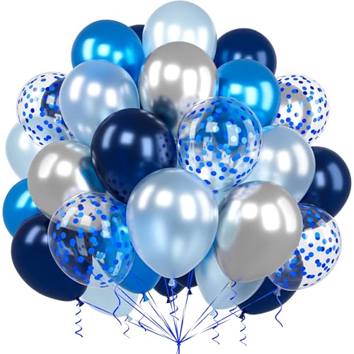 Luftballons Blau Silber, Ousuga 60 Stück 12 Zoll Marine Light Blau Luftballons Metallic Chrom Silber Blau Konfetti Latex Ballons Set für Jungen Männer Geburtstag Hochzeit Babyparty Party Dekoration von Ousuga