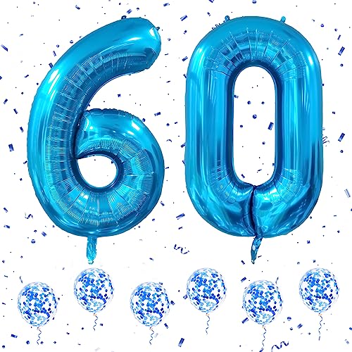 Luftballons Geburtstag 60 Zahl Blau, 40 Zoll Große Zahlen Helium Folie Mylar Geburtstagdeko Ballons mit 6Pcs Blau Konfetti Ballons für 60. Jungen Mädchen Jubiläum Party Geburtstag Deko von Ousuga