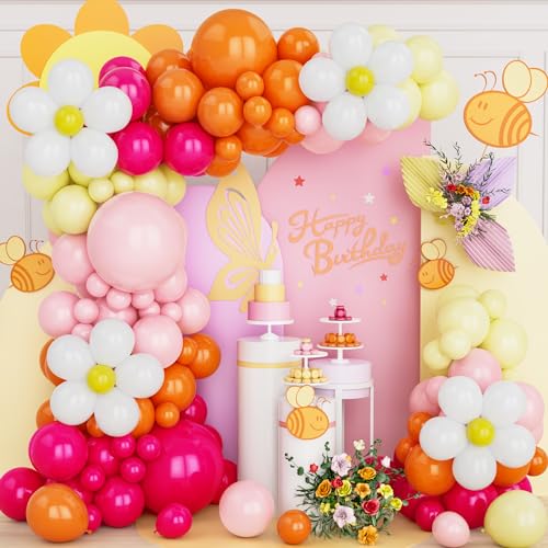 Luftballons Girlande Rosa Orange, 134 Stück Ballon Girlande Kit Matt Heißes Rosa Pastell Pink Gelb Latex Ballon für Mädchen Frau Geburtstag Hochzeit Brautdusche Baby Party Gänseblümchen Dekorationen von Ousuga