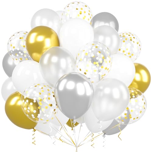 Luftballons Gold Silber Weiß, Ousuga 60 Stück 12 Zoll Matt Perl Weiss Metallic Gold Silber Konfetti Latex Helium Ballon für Frauen Mädchen Kinder Geburtstag Hochzeit Babyparty Verlobung Dekoration von Ousuga