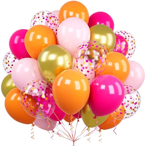 Luftballons Rosa Orange, Ousuga 60 Stück 12 Zoll Matt Hot Pink Orange Pastel Pink Konfetti Metallic Gold Latex Helium Ballon für Frauen Mädchen Geburtstag Hochzeit Babyparty Verlobung Party Dekoration von Ousuga