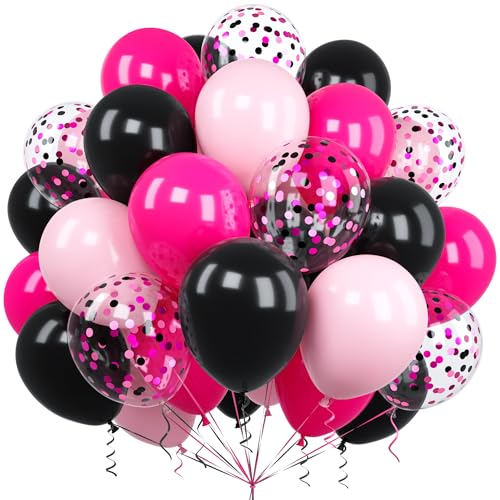 Luftballons Rosa Schwarz, Ousuga 60 Stück 12 Zoll Matt Heißes Rosa Schwarze Konfetti Latex Helium Ballon für Frauen Mädchen Kinder Geburtstag Hochzeit Babyparty Brautparty Jahrestag Party Dekoration von Ousuga