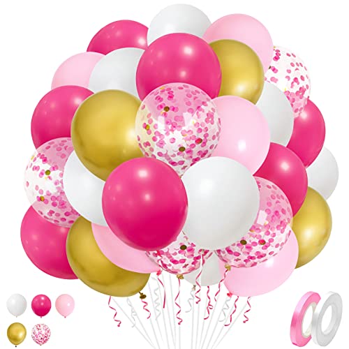 Luftballons Rosa Weiß, 50 Stück 12 Zoll Rosa Weiß Ballons macaron Matt Rose Rot Ballons mit Metallic Gold Konfetti Ballon für Mädchen Party Babyparty Taufen Hochzeit Braut Party Dekorationen von Ousuga