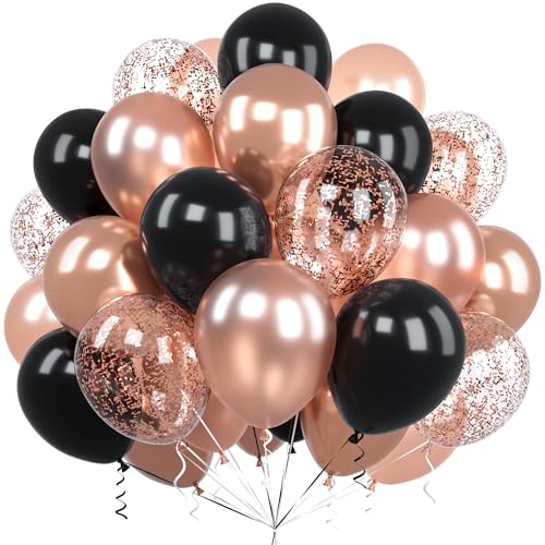 Luftballons Roségold Schwarze, Ousuga 60 Stück 12 Zoll Matt Schwarz Metallic Roségold Konfetti Latex Ballon für Frauen Mädchen Kinder Geburtstag Hochzeit Babyparty Verlobung Abschluss Party Dekoration von Ousuga