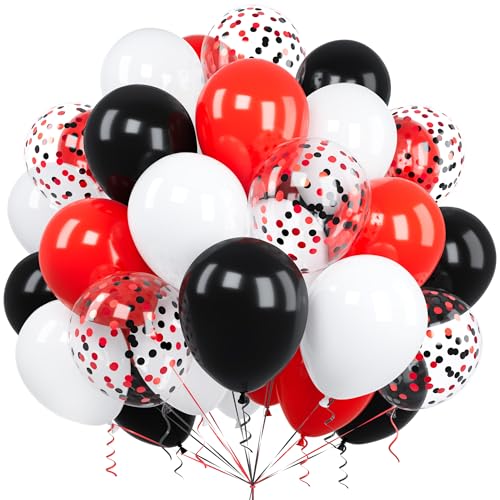 Luftballons Rot Schwarz, Ousuga 60 Stück 12 Zoll Weiße Schwarze Rote Konfetti Latex Helium Ballon Set für Jungen Mädchen Kinder Geburtstag Hochzeit Babyparty Graduierung Poker Motto Party Dekoration von Ousuga