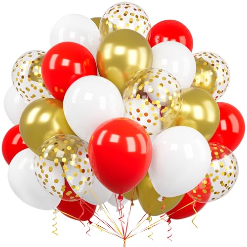 Luftballons Rot und Gold, Ousuga 60 Stück 12 Zoll Matt Rote Weiß Metallic Chrom Gold Konfetti Latex Ballon für Frauen Männer Geburtstag Weihnachten Hochzeit Babyparty Abschluss Jahrestag Dekoration von Ousuga