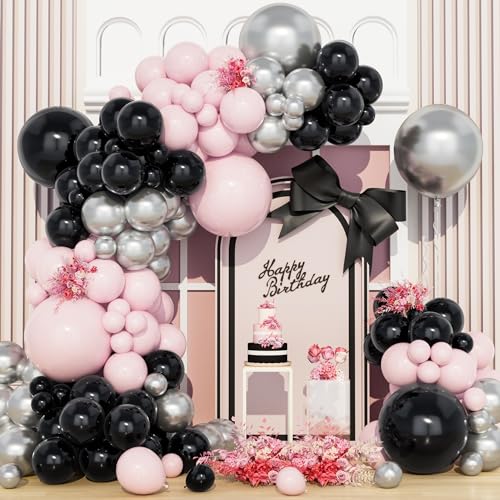 Schwarzes Rosa Ballon Bogen Kit, 120 Stück Rosa Schwarz Metallic Silber Luftballons Girlande Kit Latex Party Ballons für Mädchen Frauen Geburtstag Hochzeit Baby Dusche Verlobungs Party Dekorationen von Ousuga