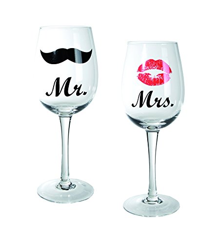 Out of the blue Weinglas mit Kussmund & Schnurrbartdekor | Mr und Mrs, circa 430 ml, Höhe 22,5 cm | 2-er Set in PVC-Box |, Transparent von Out of the blue