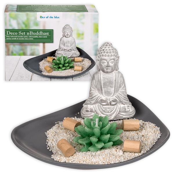 Buddha-Deko-Set mit Holzteller, Dekosand, Buddha-Figur und mehr von Out of the blue KG