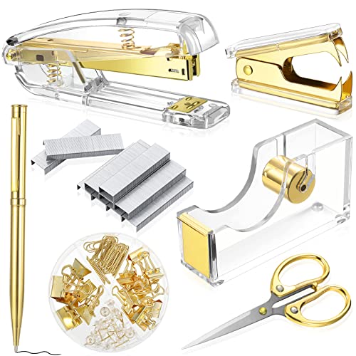 Bürobedarf Set Schreibtisch Zubehör Kit, Acryl Heftgerät Set Heftklammerentferner, Klebebandabroller, Binder Clips, Büroklammern, Kugelschreiber und Schere mit 1000 Stück 26/6 Heftklammern (Gold) von Outus