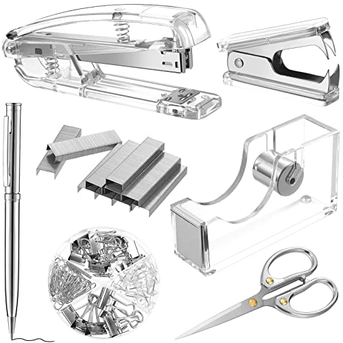 Bürobedarf Set Schreibtisch Zubehör Kit, Acryl Heftgerät Set Heftklammerentferner, Klebebandabroller, Binder Clips, Büroklammern, Kugelschreiber und Schere mit 1000 Stück 26/6 Heftklammern (Silber) von Outus