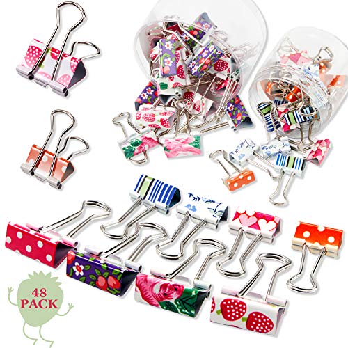 Outus 48 Stück niedliche Binder-Clips mit Box, 2 Größen, Blumenmuster, Büroklammern, Zubehör, verschiedene Designs, bunte Drucke, kleine Mini-dekorative Binder-Clips für Papier, Notizbücher, Büro, von Outus