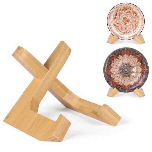 Ouvibor Tellerständer, Schüsselständer für Display, Bambus-Holz, Staffelei-Rahmenhalter für große tiefe Schüsseln, Platten und Geschirr (Gelb, 16,5 cm) von Ouvibor