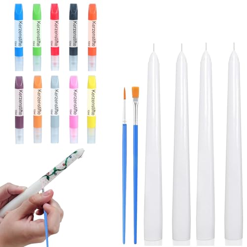 Ovaletta 10 Farben Kerzen Bemalen Set, 4 Stück Spitzkerzen, Candle Pen für Kerzen, Kerzenwachs Farbe für Kerzen Verzieren, Kerzenherstellung Set, Wachsstifte für Kerzen, Kerzenstifte, je-10ml von Ovaletta