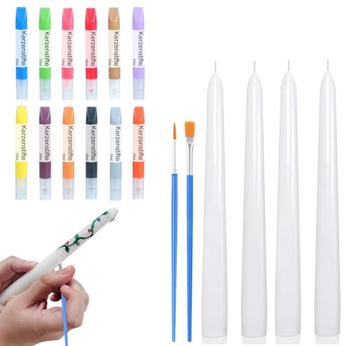 Ovaletta 12 Farben Kerzen Bemalen Set, 4 Stück Spitzkerzen, Candle Pen für Kerzen, Kerzenwachs Farbe für Kerzen Verzieren, Kerzenherstellung Set, Wachsstifte für Kerzen, Kerzenstifte, je-10ml von Ovaletta