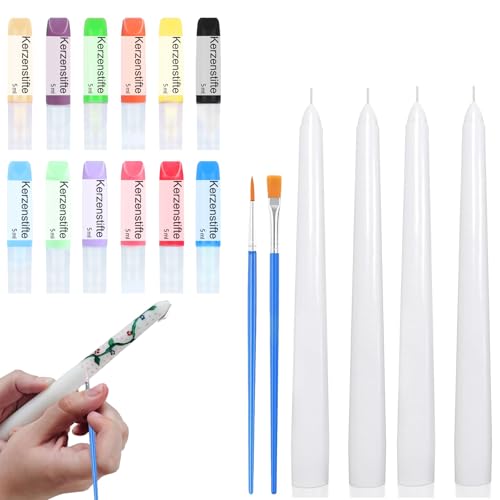 Ovaletta 12 Farben Kerzen Bemalen Set, 4 Stück Spitzkerzen, Candle Pen für Kerzen, Kerzenwachs Farbe für Kerzen Verzieren, Kerzenherstellung Set, Wachsstifte für Kerzen, Kerzenstifte, je-5ml von Ovaletta