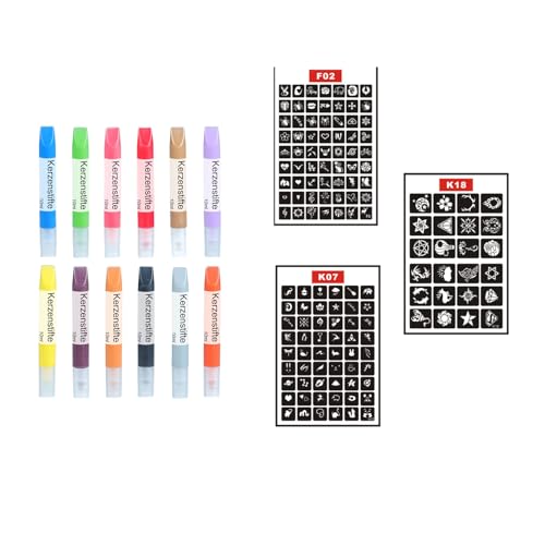 Ovaletta 12 Stück Kerzen Bemalen Set, Wachsstifte für Kerzen, kerzenstifte,Candle Pen, Dekorieren und Personalisieren von Kerzen, Keramik Bemalen Set mit 3 Stück Glitzer Tattoo Schablonen, je 10 ml von Ovaletta