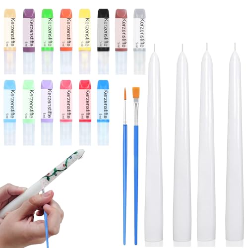 Ovaletta 14 Farben Kerzen Bemalen Set, 4 Stück Spitzkerzen, Candle Pen für Kerzen, Kerzenwachs Farbe für Kerzen Verzieren, Kerzenherstellung Set, Wachsstifte für Kerzen, Kerzenstifte, je-5ml von Ovaletta