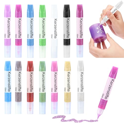 Ovaletta 14 Stück Pailletten Kerzen Bemalen Set, Wachsstifte für Kerzen, kerzenstifte,Candle Pen für Kerzen, Kerzenfarbe, Dekorieren und Personalisieren von Kerzen, Keramik Bemalen Set, je 10 ml von Ovaletta