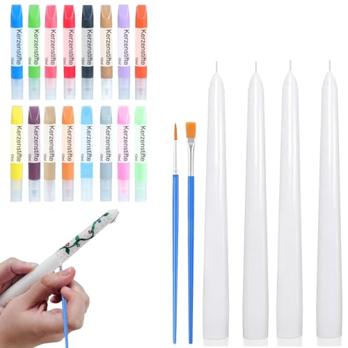 Ovaletta 16 Farben Kerzen Bemalen Set, 4 Stück Spitzkerzen, Candle Pen für Kerzen, Kerzenwachs Farbe für Kerzen Verzieren, Kerzenherstellung Set, Wachsstifte für Kerzen, Kerzenstifte, je-10ml von Ovaletta