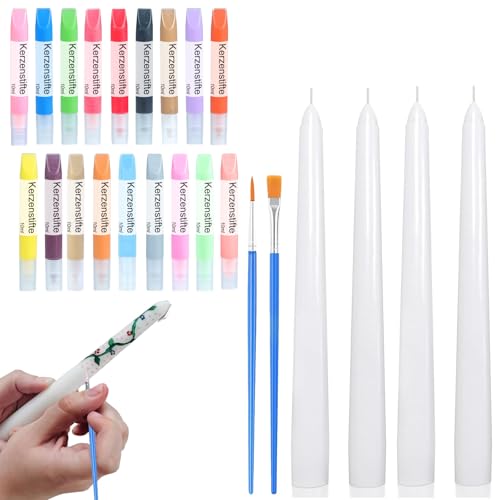 Ovaletta 18 Farben Kerzen Bemalen Set, 4 Stück Spitzkerzen, Candle Pen für Kerzen, Kerzenwachs Farbe für Kerzen Verzieren, Kerzenherstellung Set, Wachsstifte für Kerzen, Kerzenstifte, je-10ml von Ovaletta