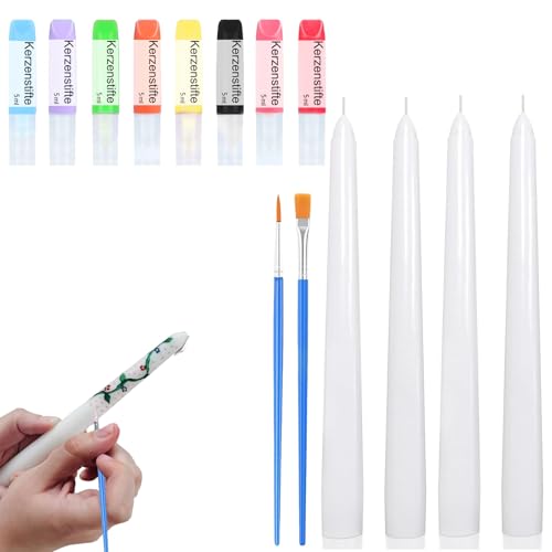 Ovaletta 8 Farben Kerzen Bemalen Set, 4 Stück Spitzkerzen, Candle Pen für Kerzen, Kerzenwachs Farbe für Kerzen Verzieren, Kerzenherstellung Set, Wachsstifte für Kerzen, Kerzenstifte, je-5ml von Ovaletta