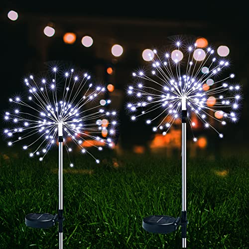 Ovker Solar Feuerwerk Licht, 2 Stück 150 LED Solarleuchte Gartenstecker, Solarlampe für Außen Garten, Wasserdicht Solarleuchten Garten Deko Pusteblume Licht für Garten, Rasen,Terrasse(Weiß) von Ovker