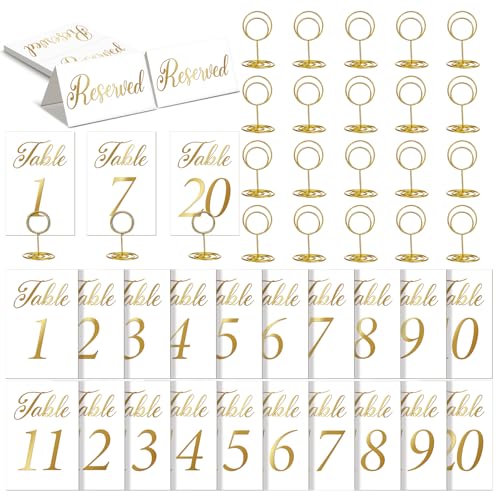 Ovveroche 50 Sets Tischnummern mit Tischnummernhaltern und Reserved-Tischschild, Hochzeitstischnummern 1-20, goldene Tischnummern für Hochzeitstag, Geburtstagsfeier von Ovveroche