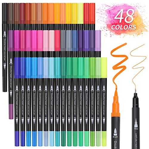 Owelth Brush Pen Set, 48 Farben Dual Tip Pinselstifte Aquarell Marker, Filzstifte Dicke und Dünne Doppelfasermaler, für Kinder und Erwachsene Mandala Fasermaler 1-2 mm/Fineliner 0,4 mm von Owelth